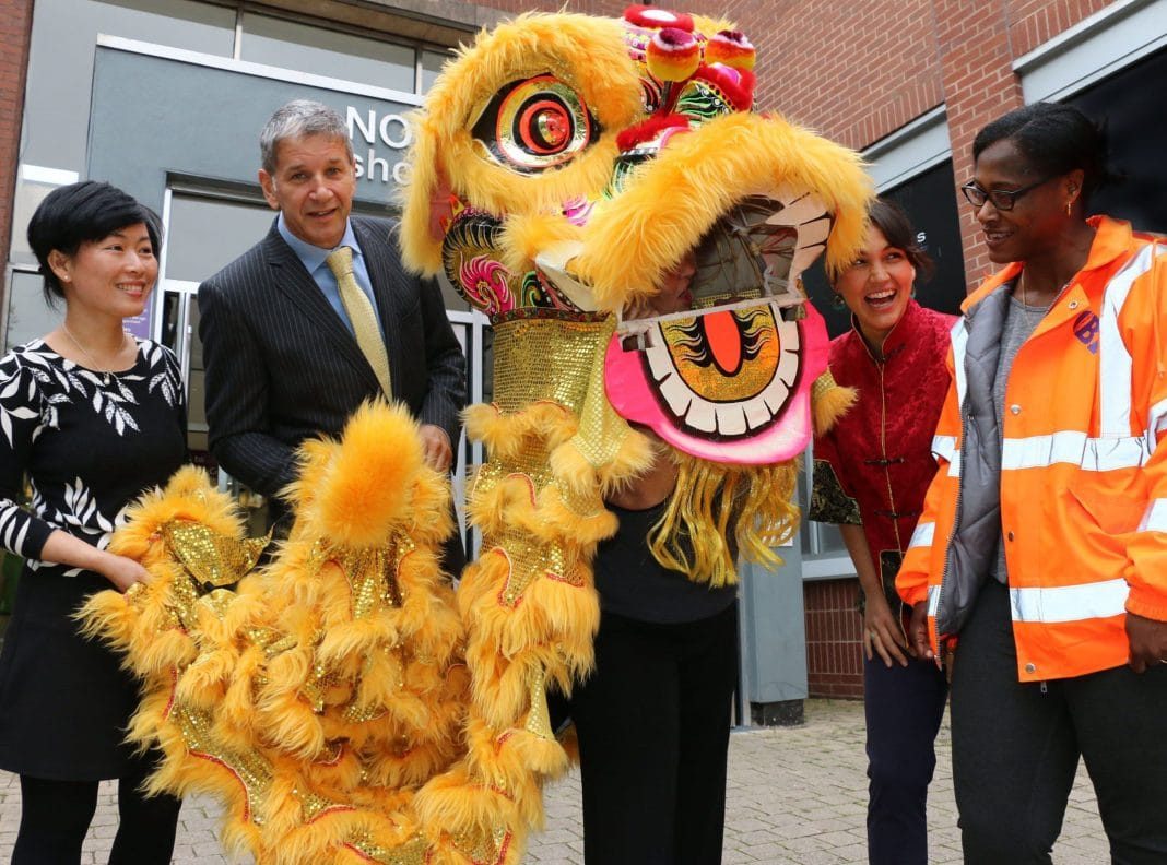 A Chinese lion will lead the way to good fortune for businesses at Northfield Shopping Centre as part of the town’s cultural celebrations. From left, Li Feng, Pete Barber, Northfield centre manager, Sue Yeng, Fay Yeng, Marcia Greenwood, BID manager.