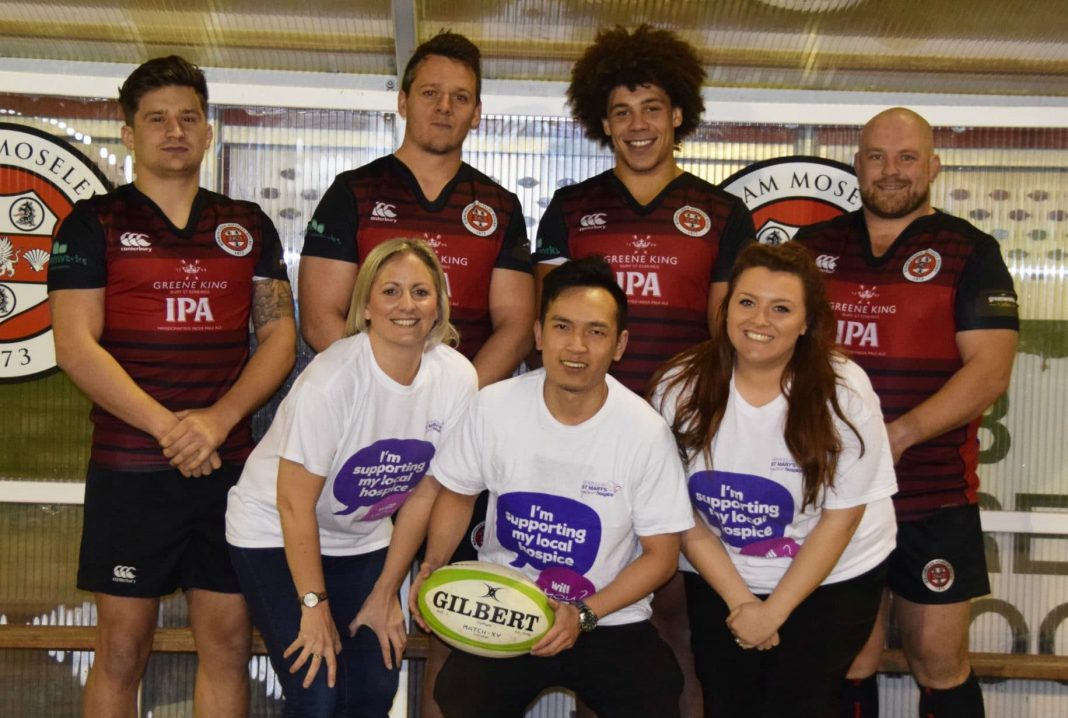 Birmingham St Mary's Rugby Ramble (Rugby Players L-R) James Dixon, Rob Lewis, Buster Lawrence and Adam Caves (Hospice Team L-R) Lucy Watkins, Andy Chen and Emily Boate - Copy