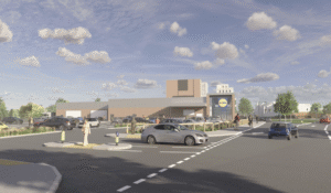 CGI image of a Lidle store, car park and high street