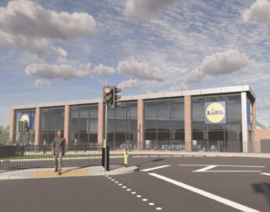 CGI image of the rotated store, glass and red brick frontage on Northfield high street 